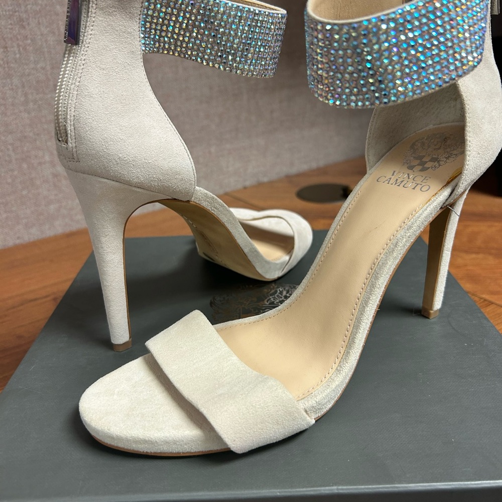 Vince Camuto Cream Heels with Rhinestone Strap